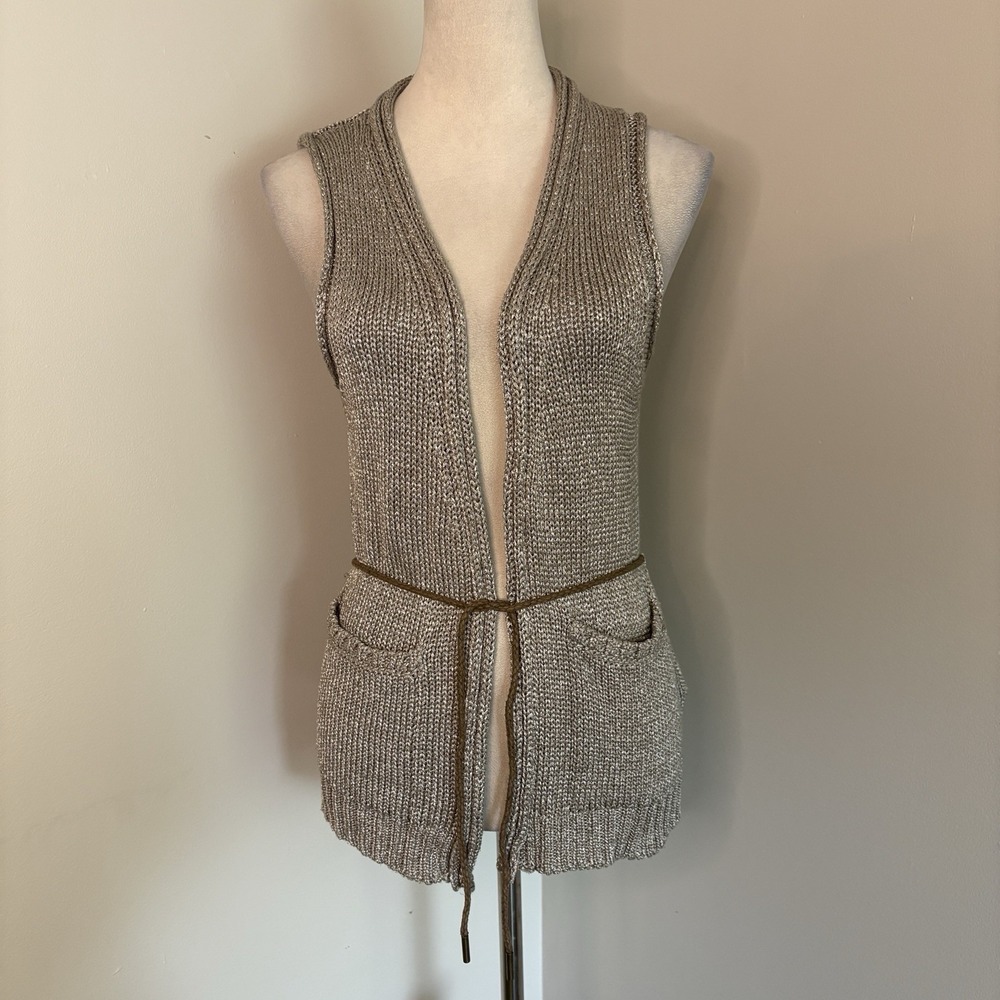 Massimo Dutti Brown Metallic Knit Open Front Sweater Vest Belt Pocket Medium 32